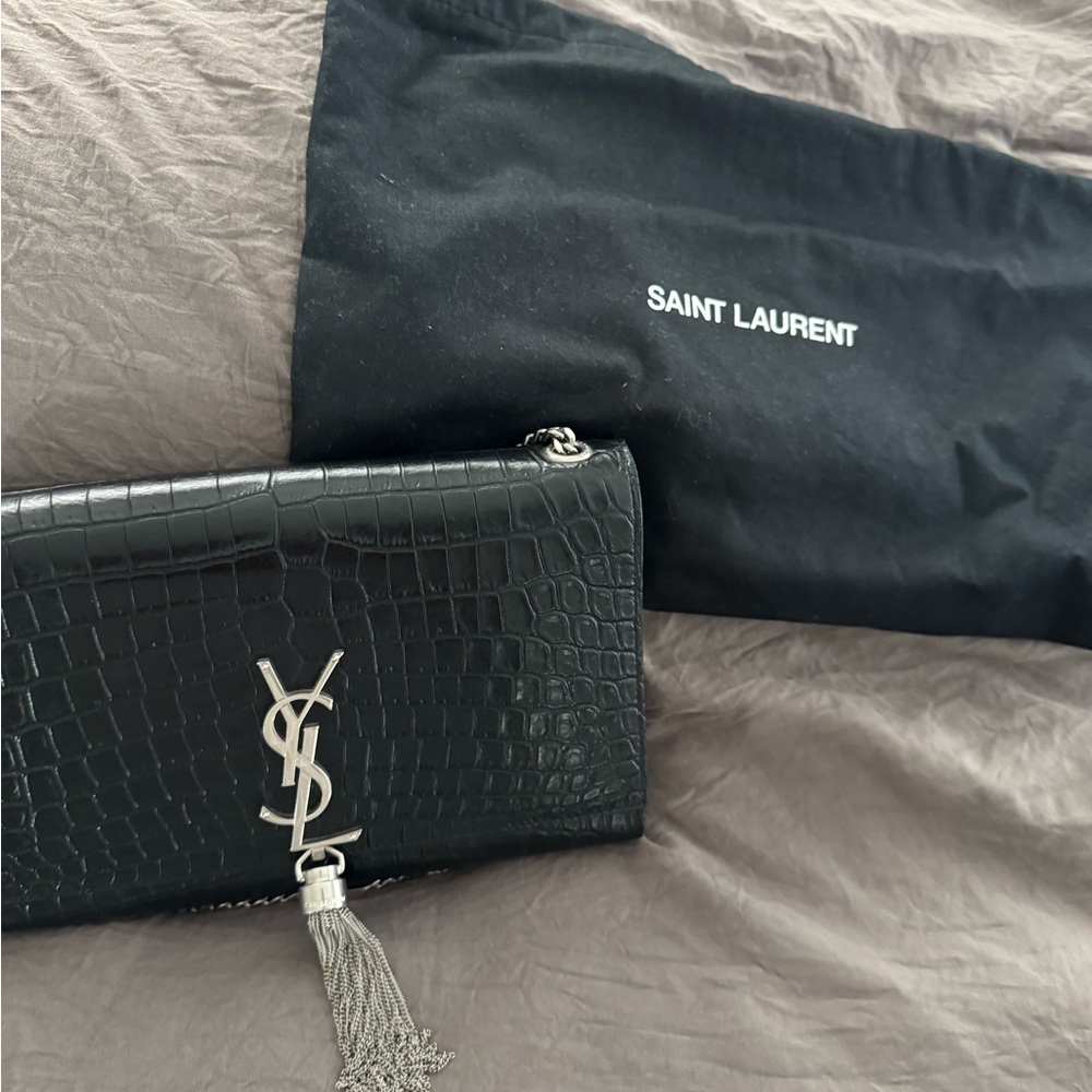Saint Laurent Black Croc Embossed Bag with Silver Logo